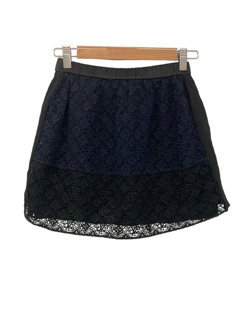 Louis Vuitton Mini Skirt S Black Dark Navy Elastic Waist Monogram Patterned Lace